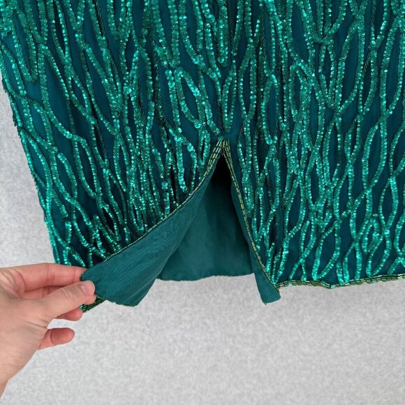 Laurence Kazar Womens VTG Silk Cocktail Party Dress Size M Green Sequin Beaded - Picture 4 of 16